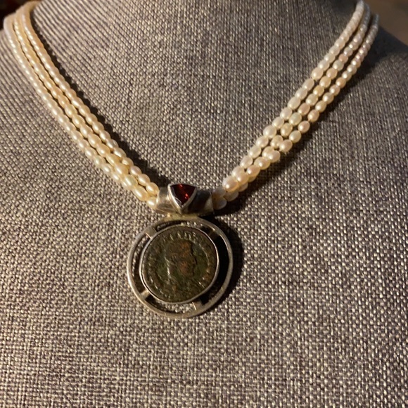 Sterling s pearl garnet stone vintage necklace